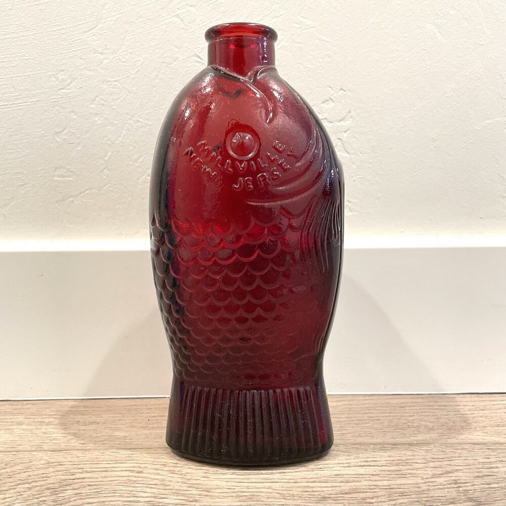 Vintage Wheaton Red Glass Fish Shape Bottle Dr. Fisch's Bitters Millville 7.5"